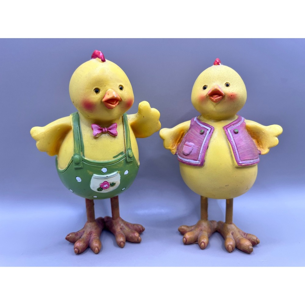 Easter Chick Figurines Set of 2 Yellow Spring Resin Decor 5.5" Girl and Boy